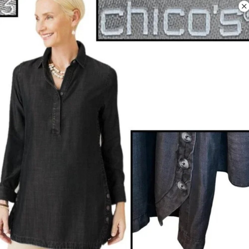 2/$30 NWT Chico's Touch of Cool Denim Button Detail Step Hem Tunic Sz S #1710